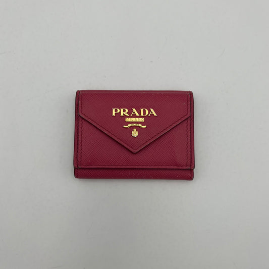 Prada Peonia Pink Saffiano Trifold Mini Compact Wallet GHW