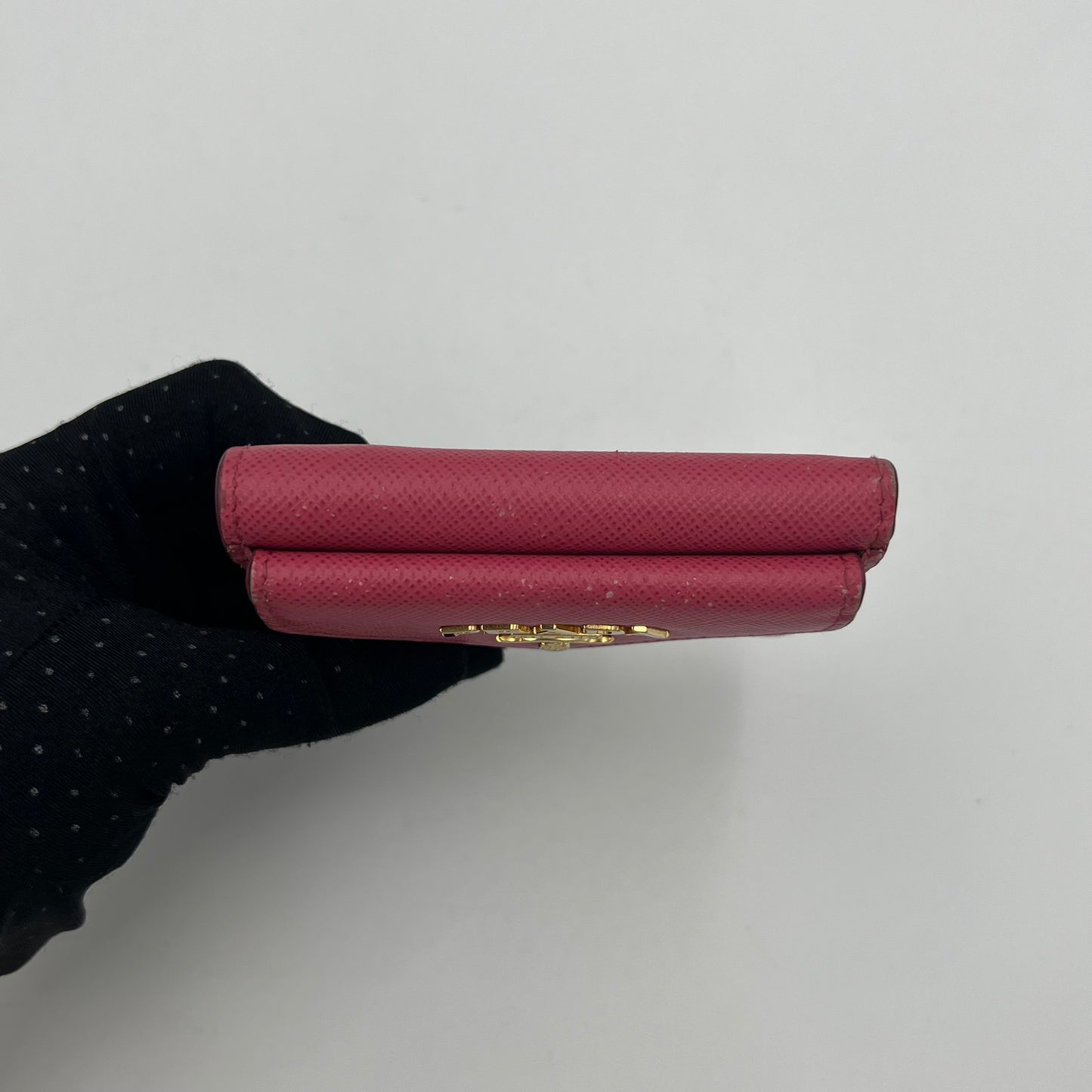 Prada Peonia Pink Saffiano Trifold Mini Compact Wallet GHW