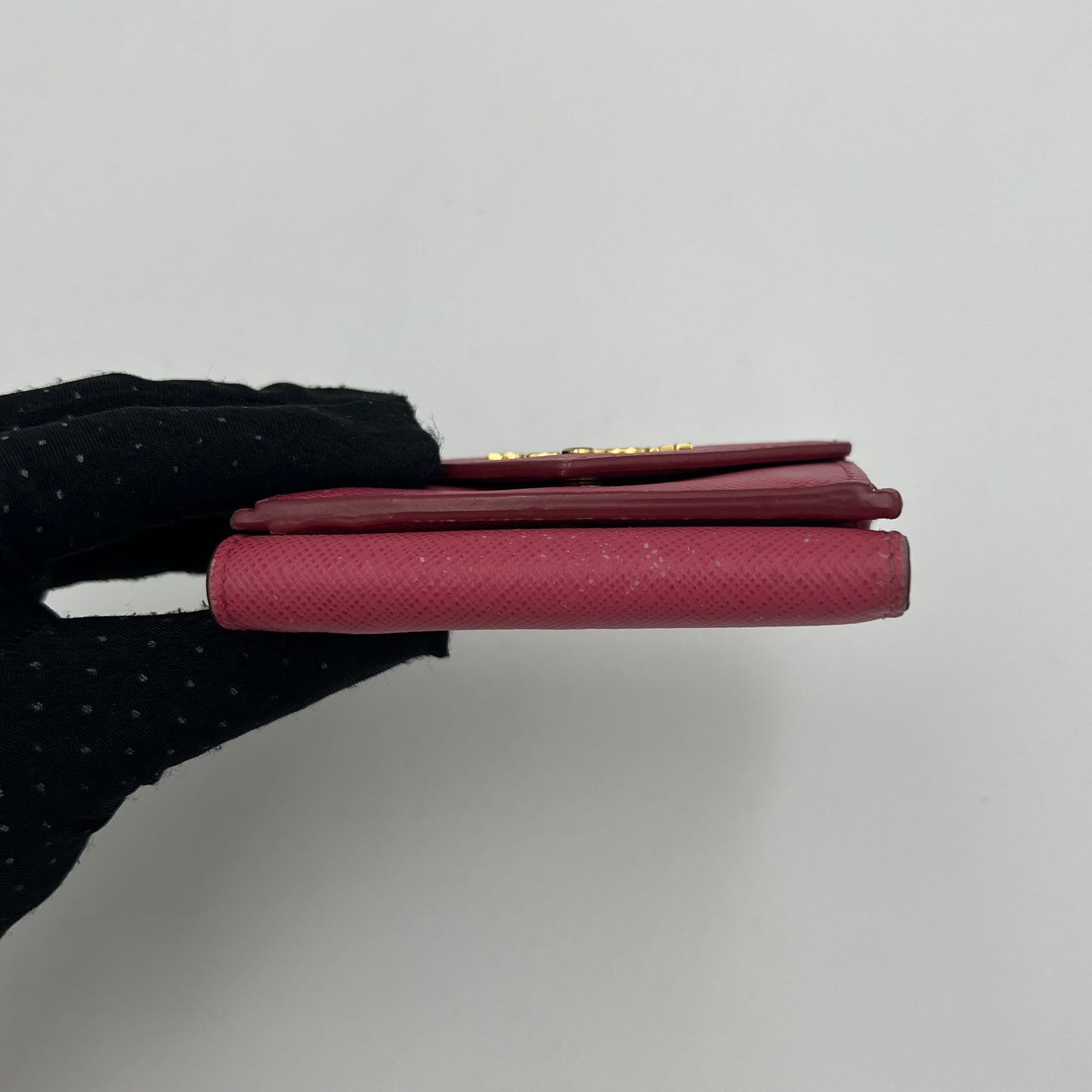 Prada Peonia Pink Saffiano Trifold Mini Compact Wallet GHW