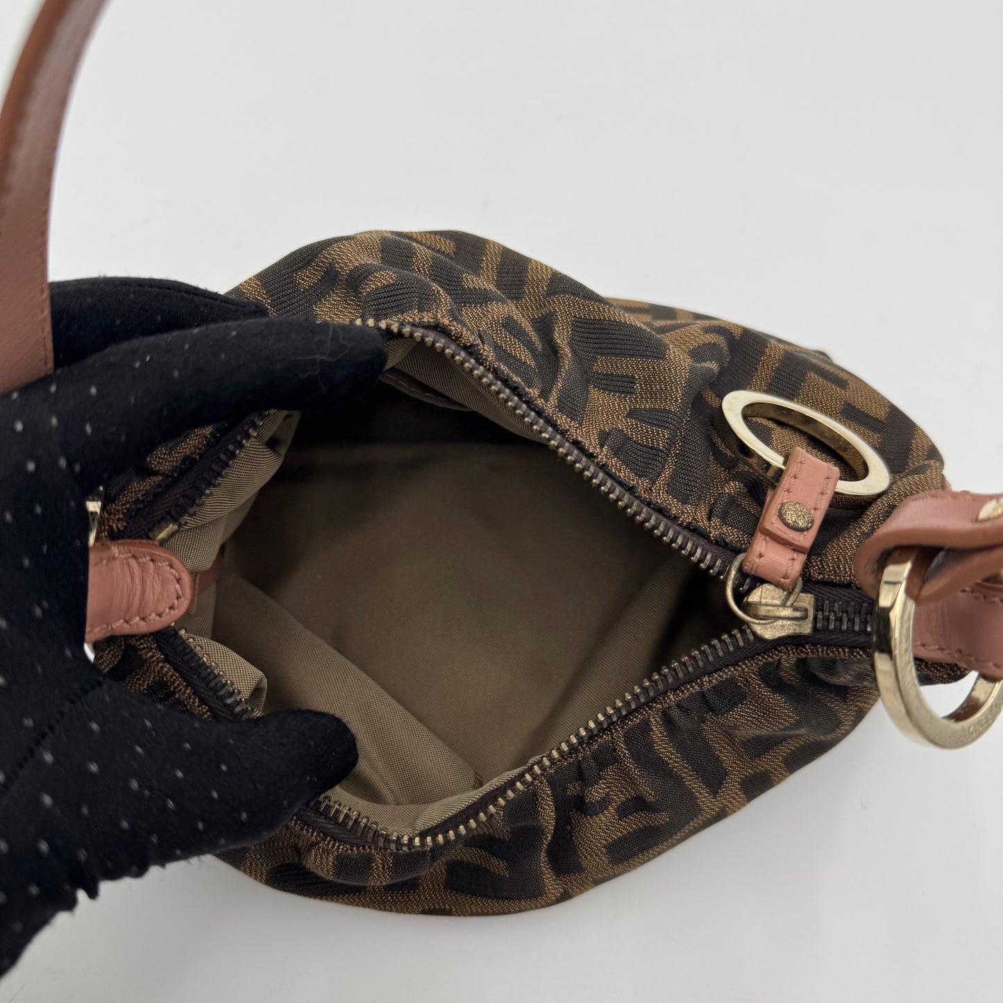 Fendi Tobacco Zucca Dusty Rose Pink Leather Pochette