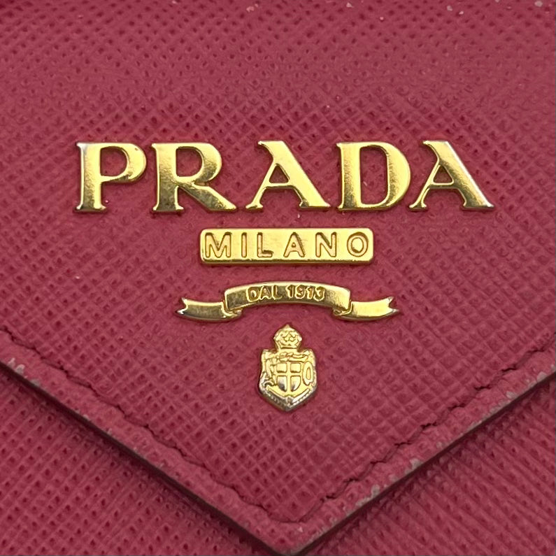 Prada Peonia Pink Saffiano Trifold Mini Compact Wallet GHW