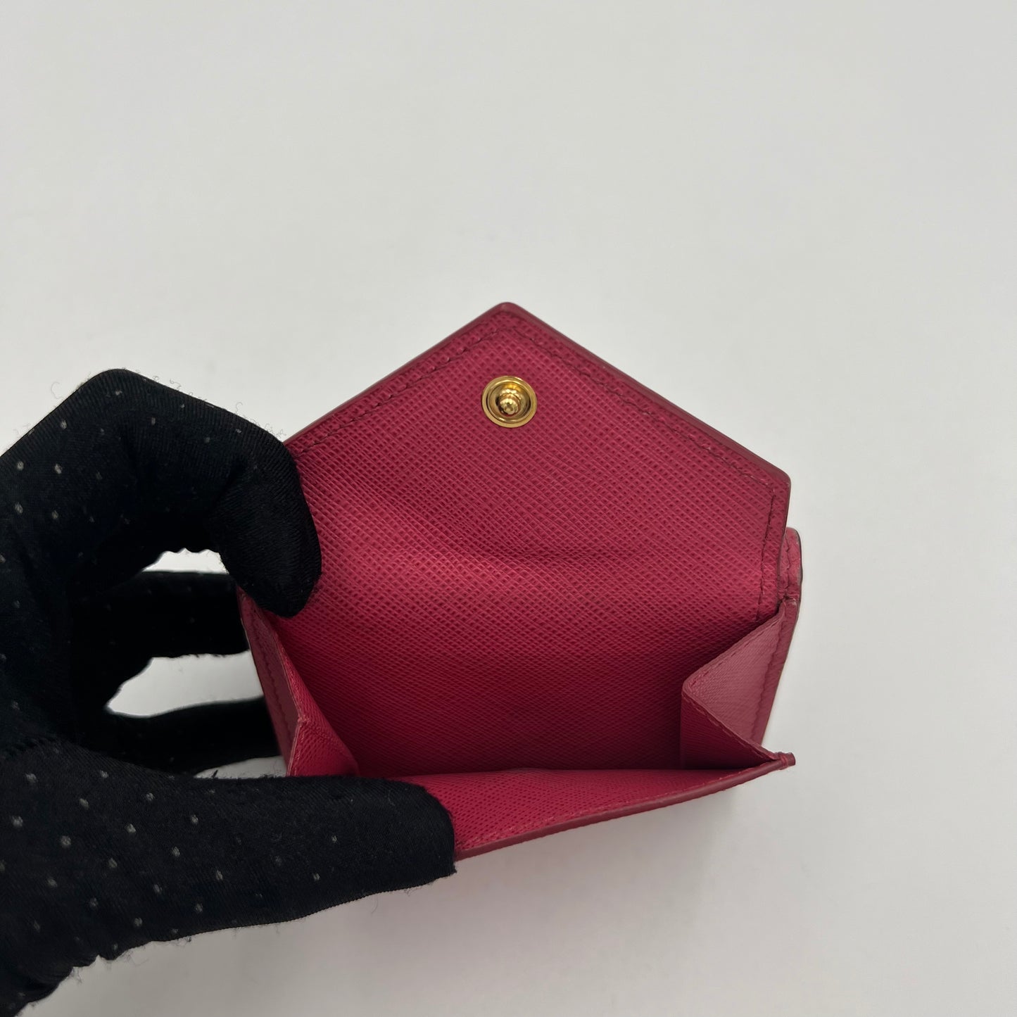 Prada Peonia Pink Saffiano Trifold Mini Compact Wallet GHW