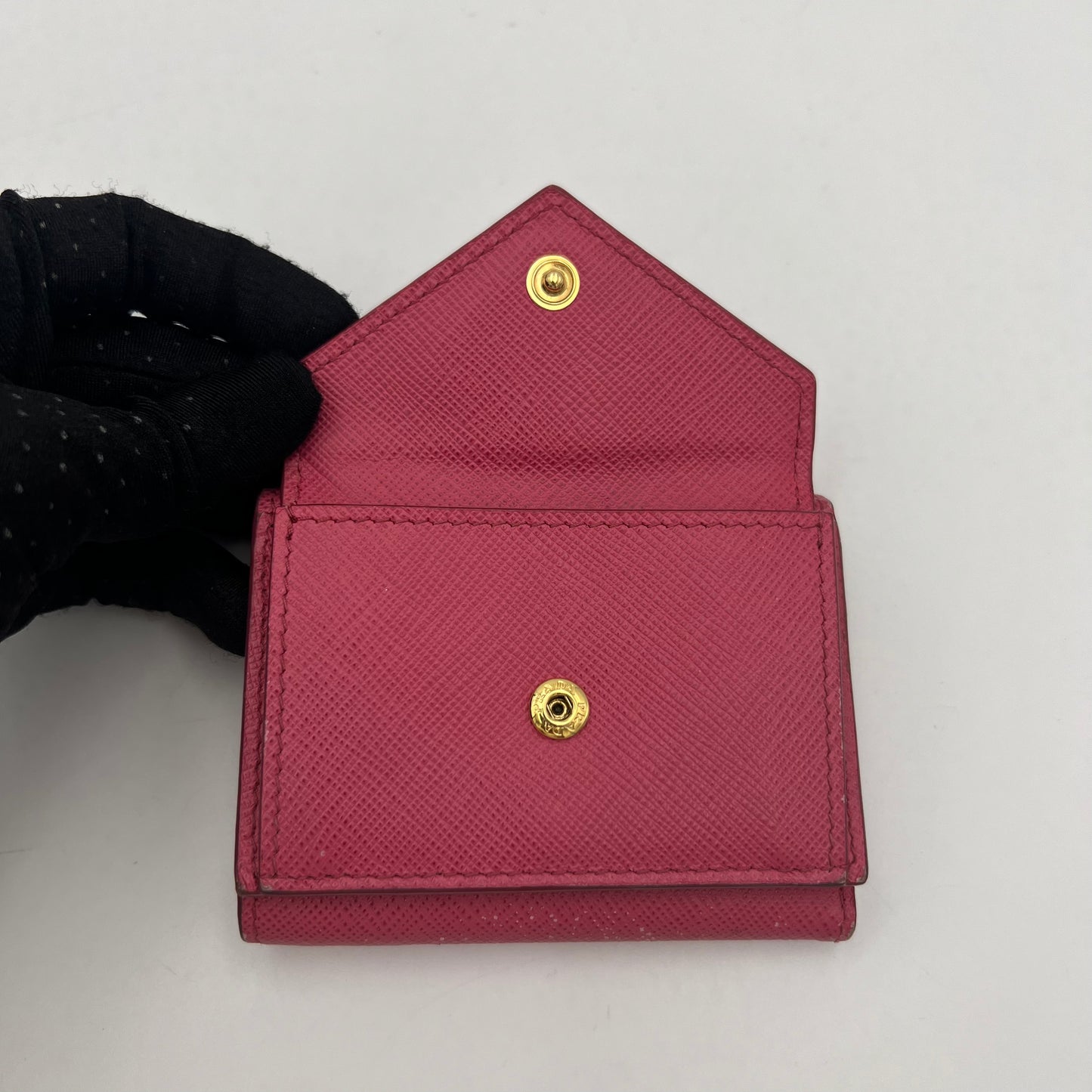 Prada Peonia Pink Saffiano Trifold Mini Compact Wallet GHW