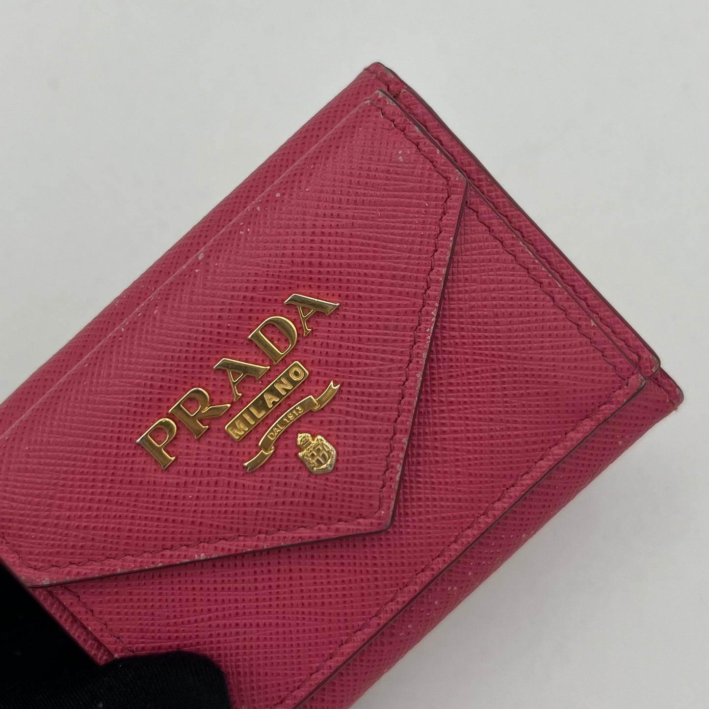 Prada Peonia Pink Saffiano Trifold Mini Compact Wallet GHW