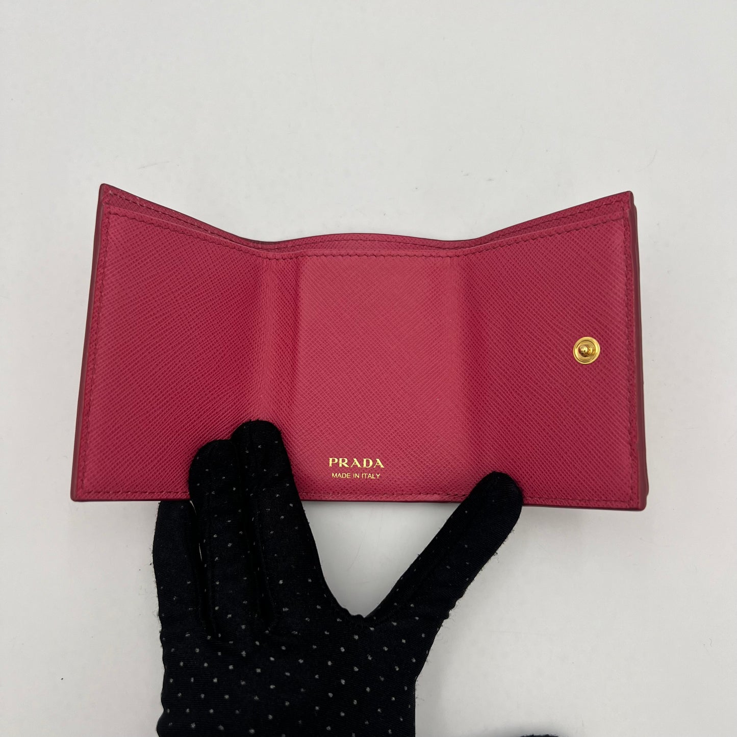 Prada Peonia Pink Saffiano Trifold Mini Compact Wallet GHW