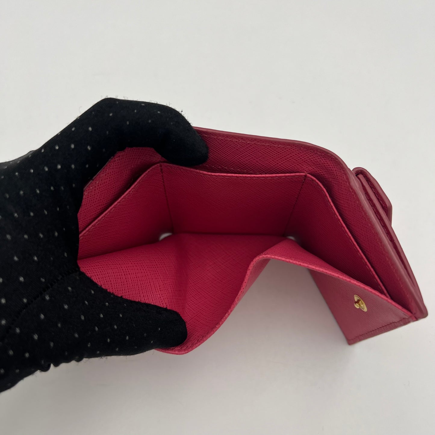Prada Peonia Pink Saffiano Trifold Mini Compact Wallet GHW