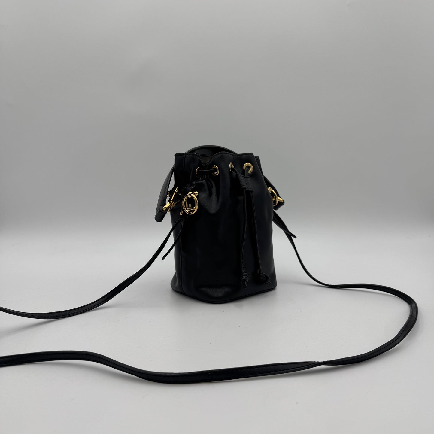 Fendi Black Leather Mon Tresor Mini Bucket Bag with Long Strap
