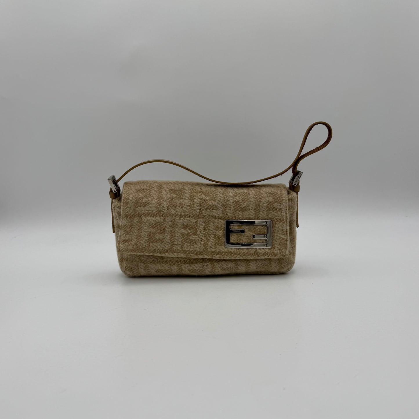 Fendi Beige Zucca Wool and Leather Flap Baguette