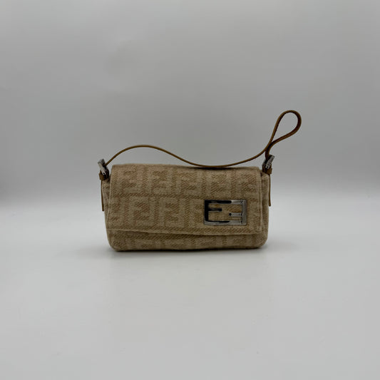 Fendi Beige Zucca Wool and Leather Flap Baguette