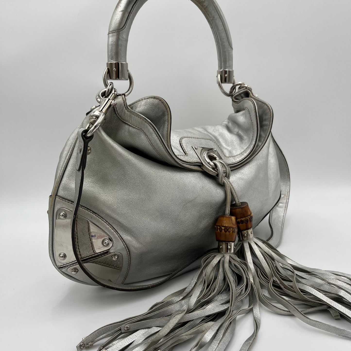 Gucci Silver Leather Babouska Indy Hobo Bag