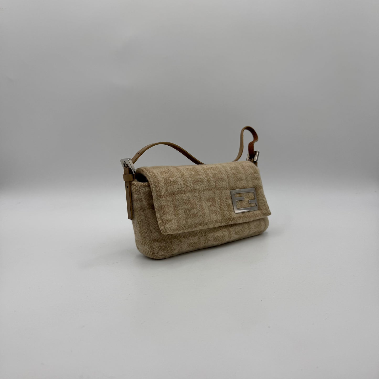 Fendi Beige Zucca Wool and Leather Flap Baguette