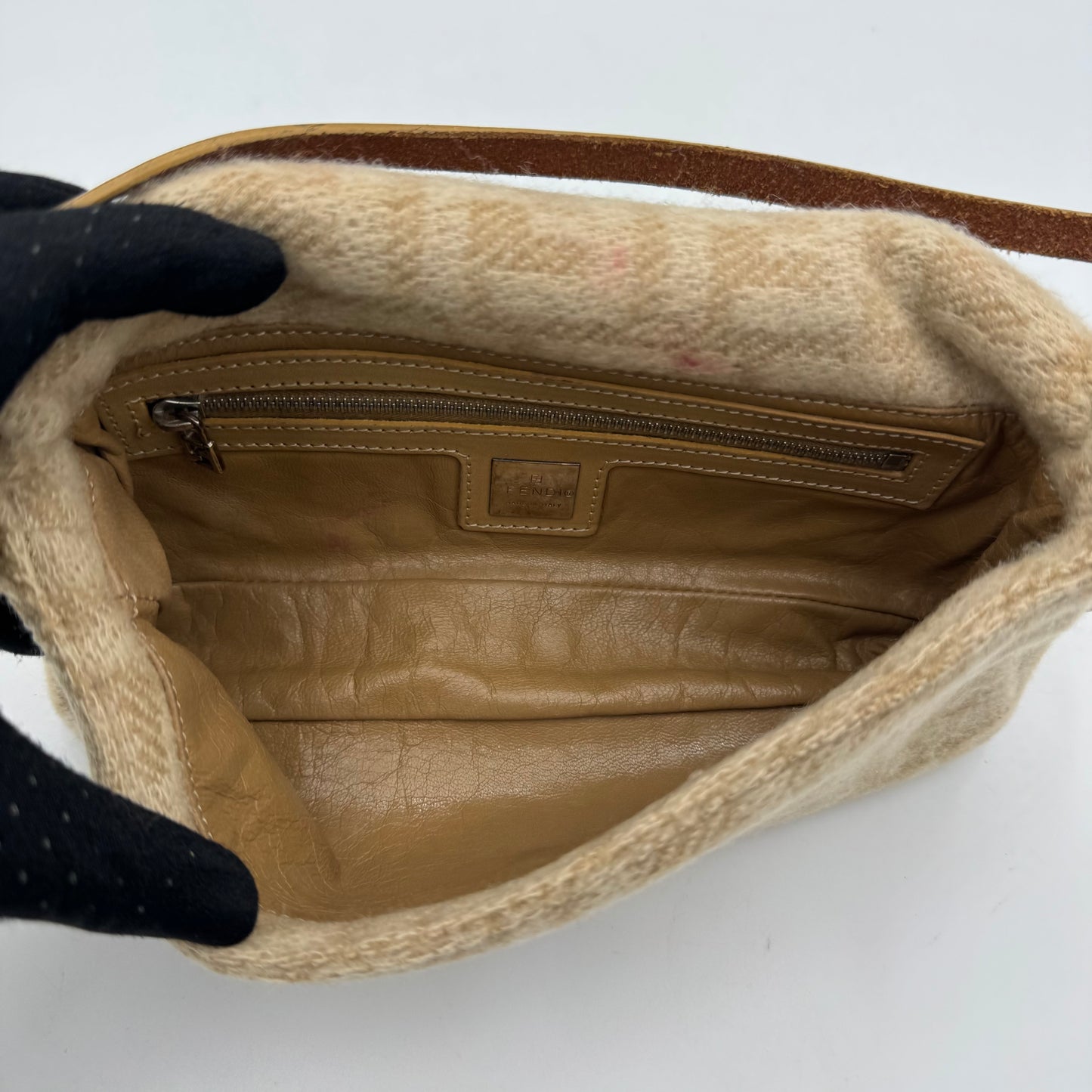 Fendi Beige Zucca Wool and Leather Flap Baguette