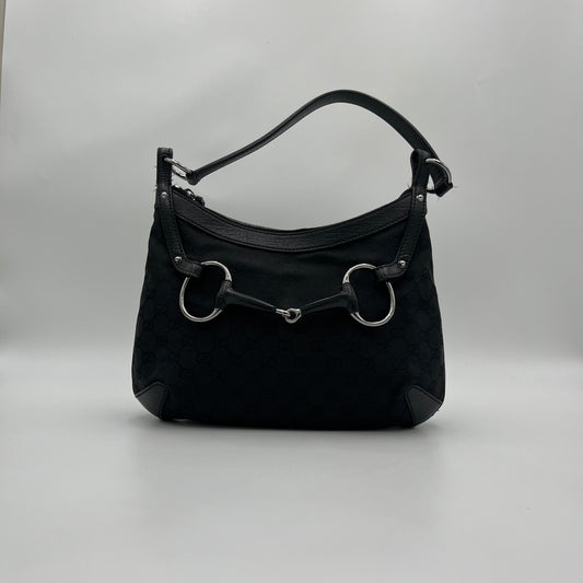 Gucci Black Monogram Canvas and Leather Horsebit Hobo Shoulder Bag
