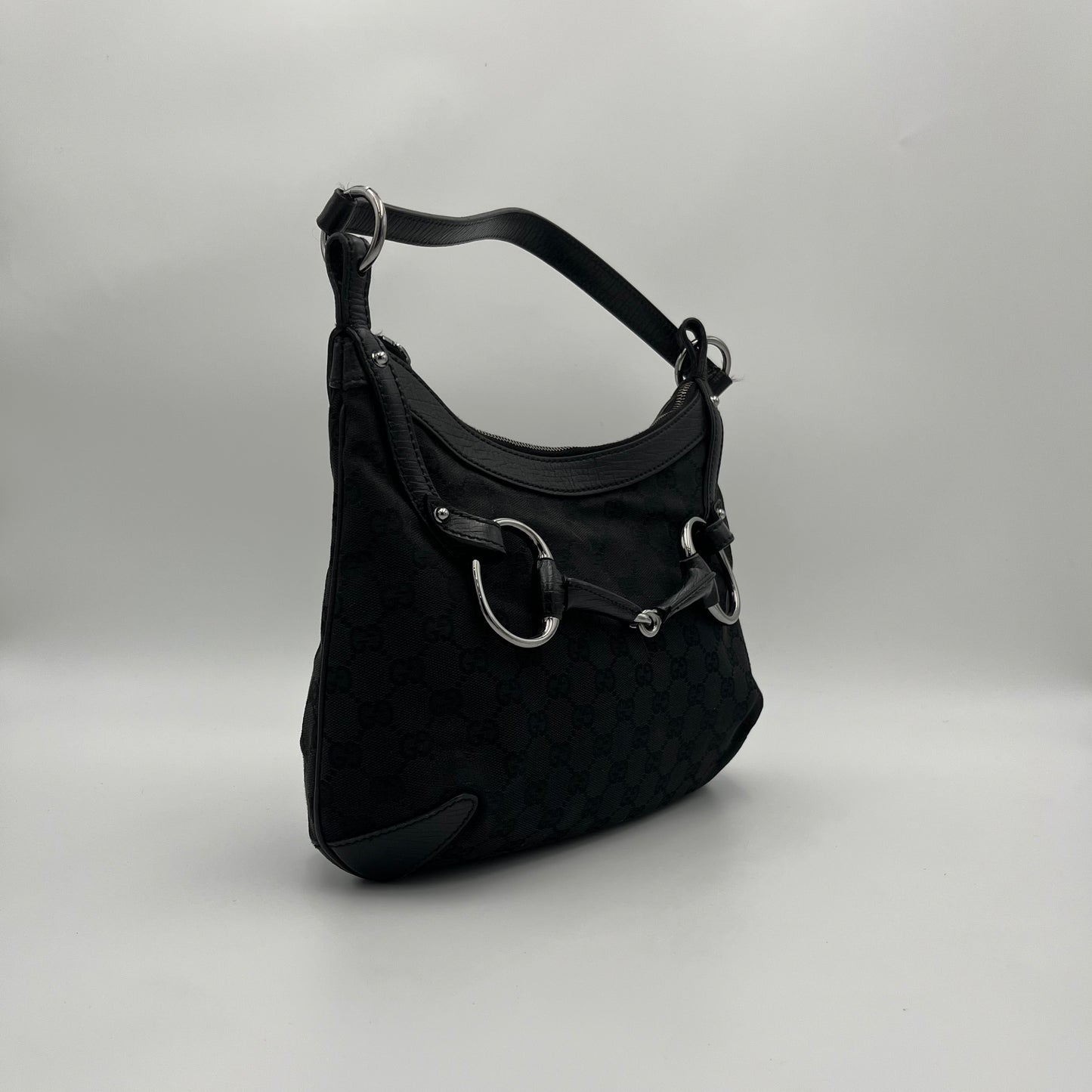 Gucci Black Monogram Canvas and Leather Horsebit Hobo Shoulder Bag