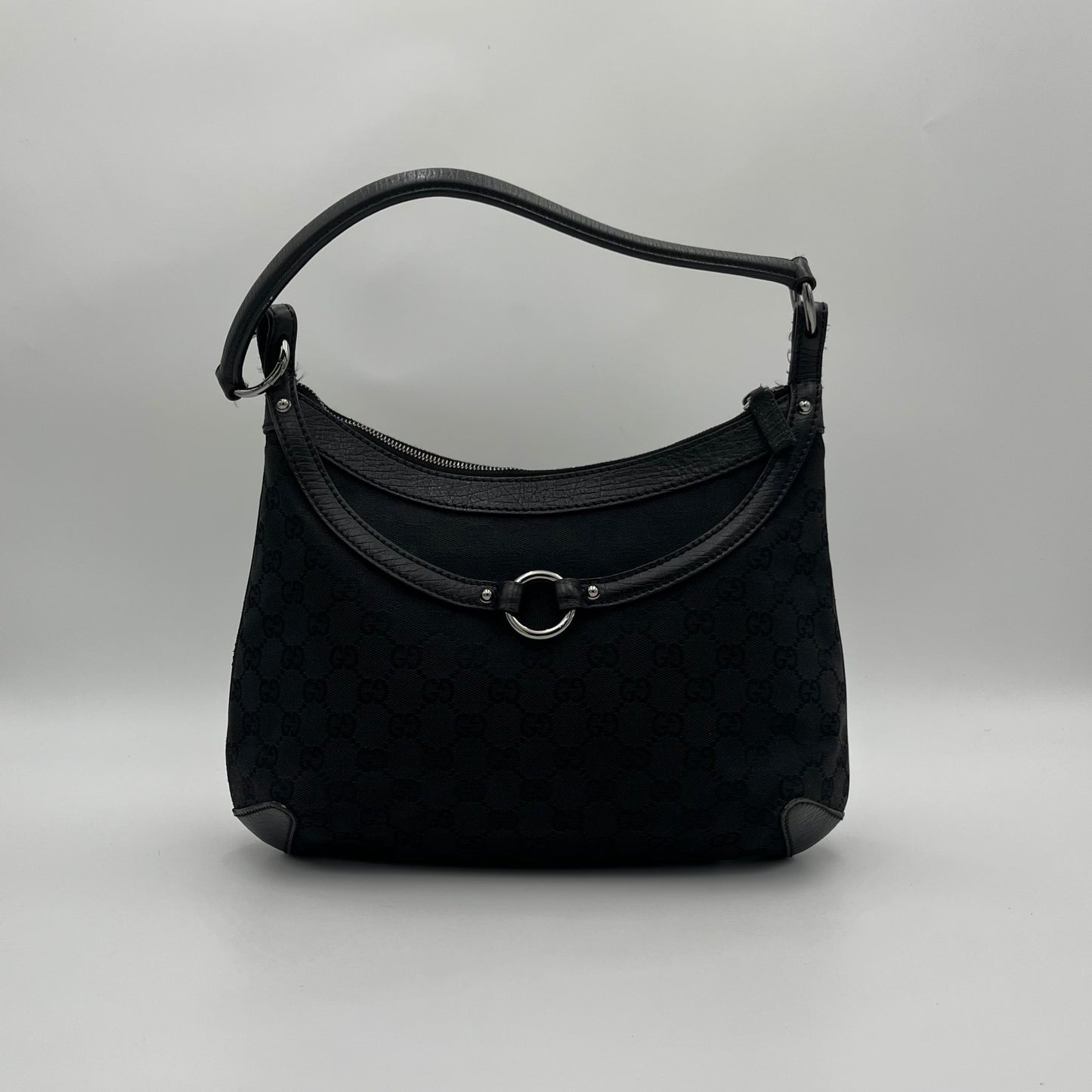 Gucci Black Monogram Canvas and Leather Horsebit Hobo Shoulder Bag