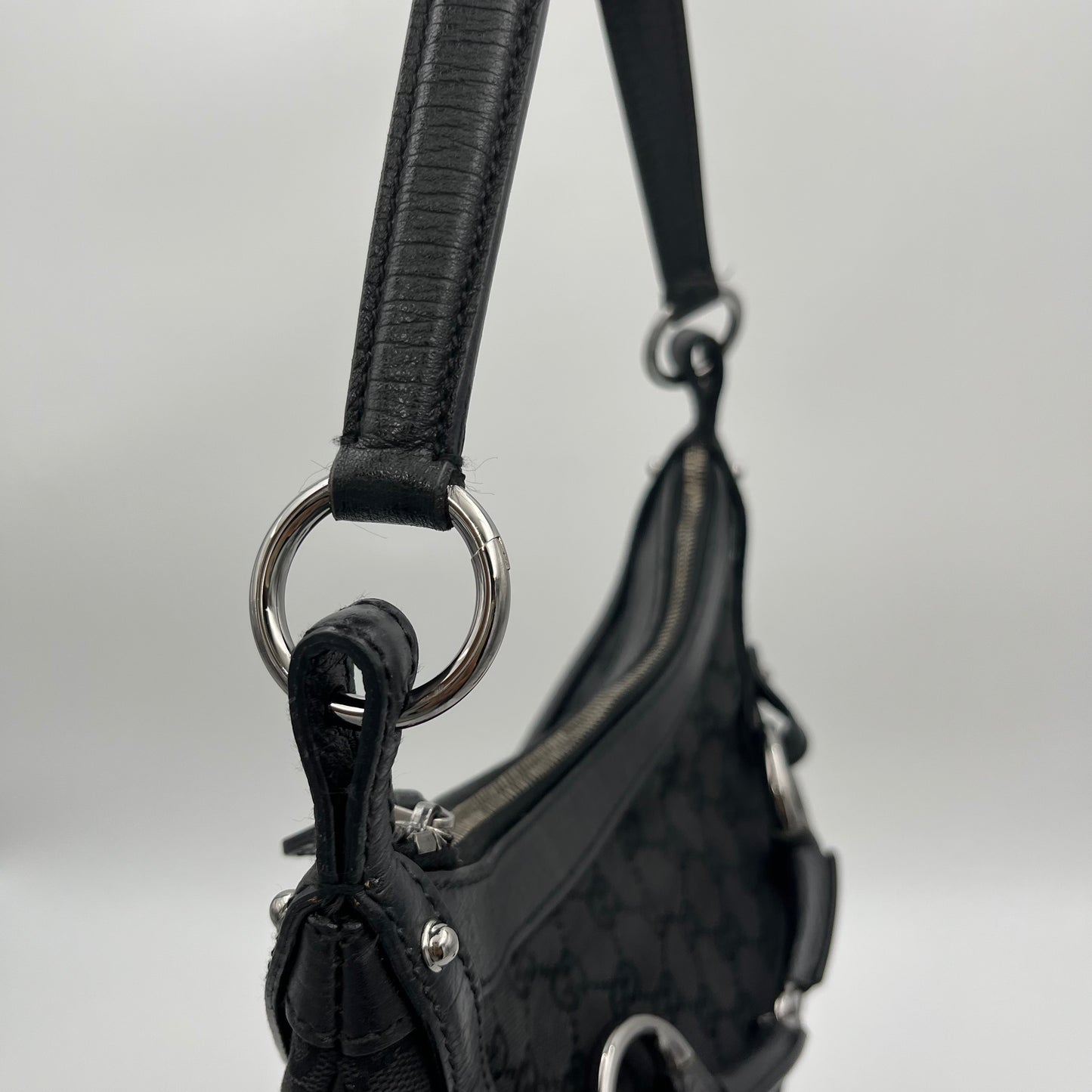 Gucci Black Monogram Canvas and Leather Horsebit Hobo Shoulder Bag