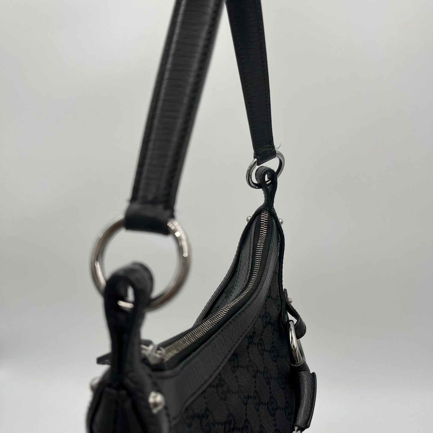 Gucci Black Monogram Canvas and Leather Horsebit Hobo Shoulder Bag
