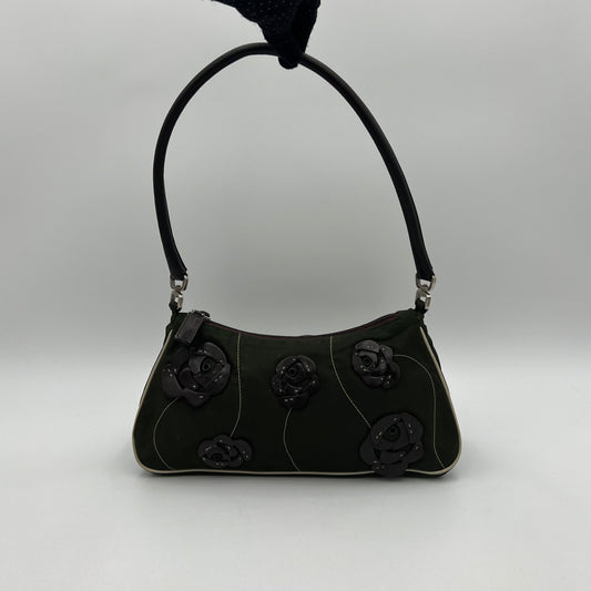 Prada Green Nylon and Leather Floral Applique Shoulder Bag