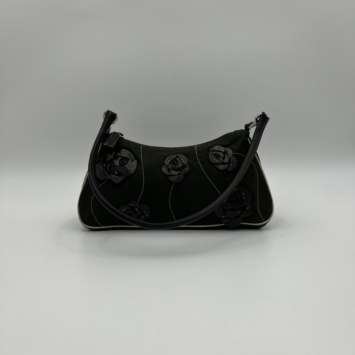 Prada Green Nylon and Leather Floral Applique Shoulder Bag