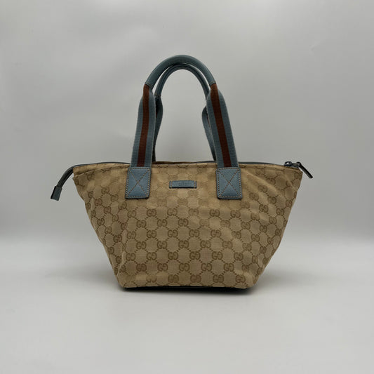 Gucci Beige Monogram Canvas and Leather Web Sherryline Boat Handbag
