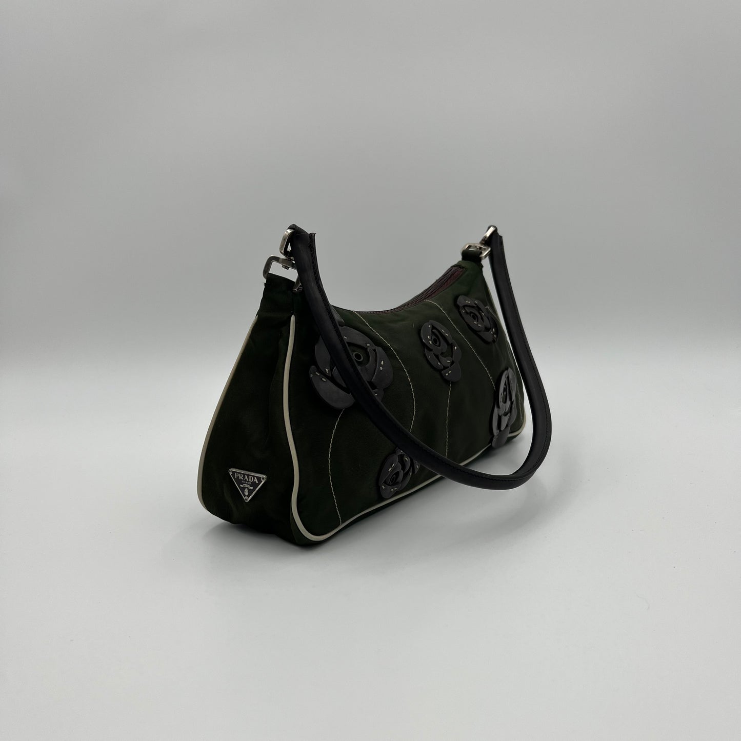 Prada Green Nylon and Leather Floral Applique Shoulder Bag
