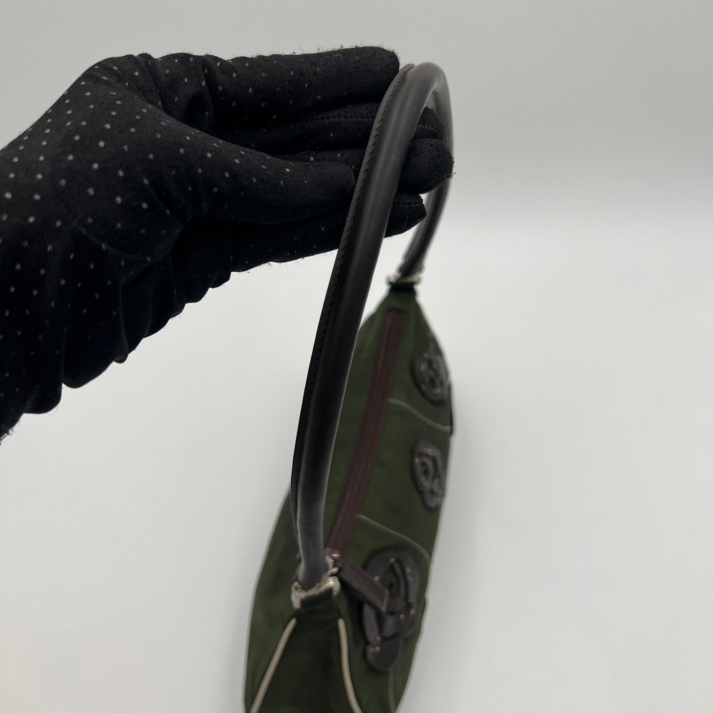 Prada Green Nylon and Leather Floral Applique Shoulder Bag