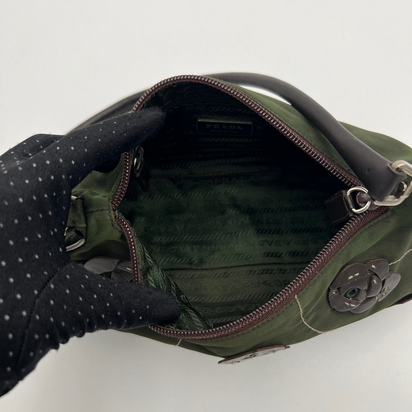 Prada Green Nylon and Leather Floral Applique Shoulder Bag