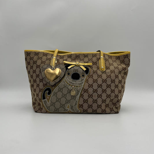 Gucci Beige GG Canvas and Yellow Patent Leather Guccioli Oliver Tote