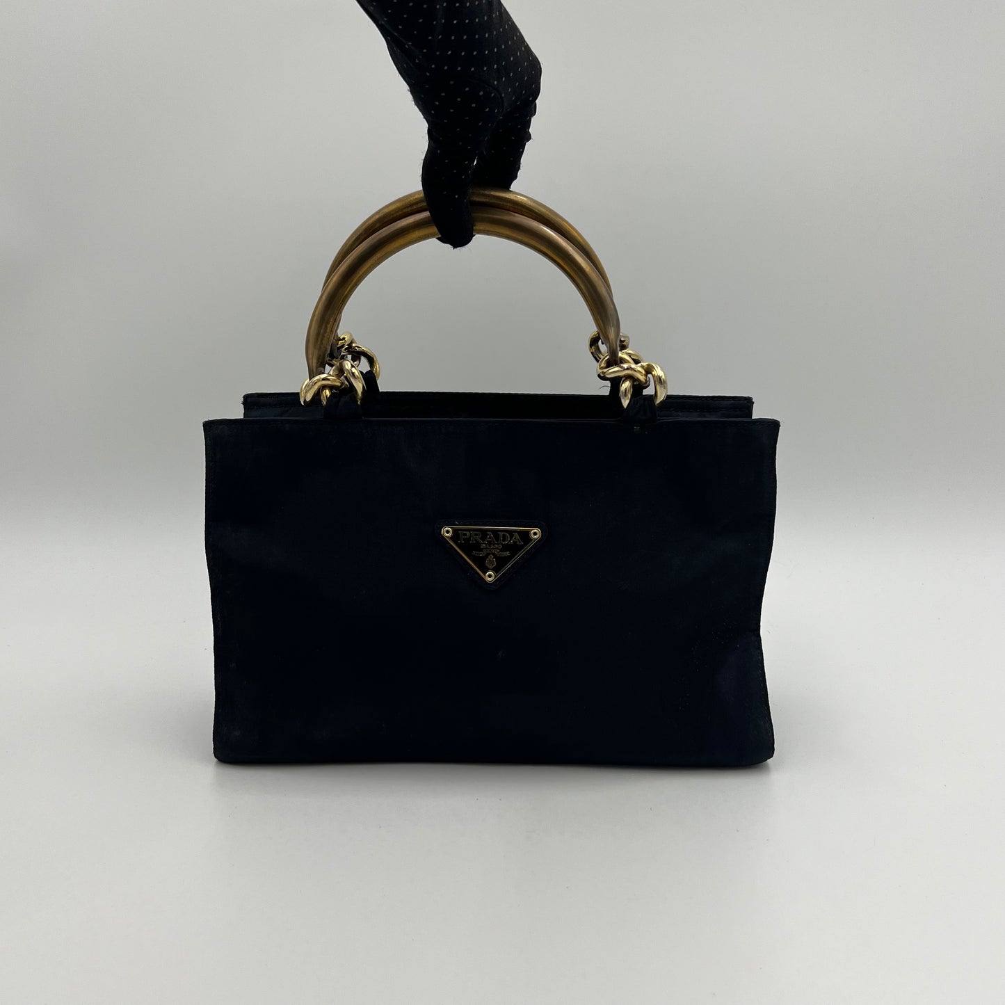 Prada Dark Blue Nylon Gold Handle Mini Handbag
