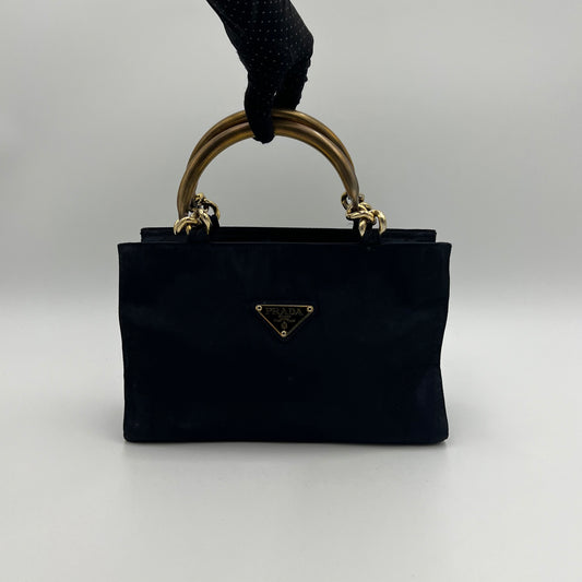 Prada Dark Blue Nylon Gold Handle Mini Handbag
