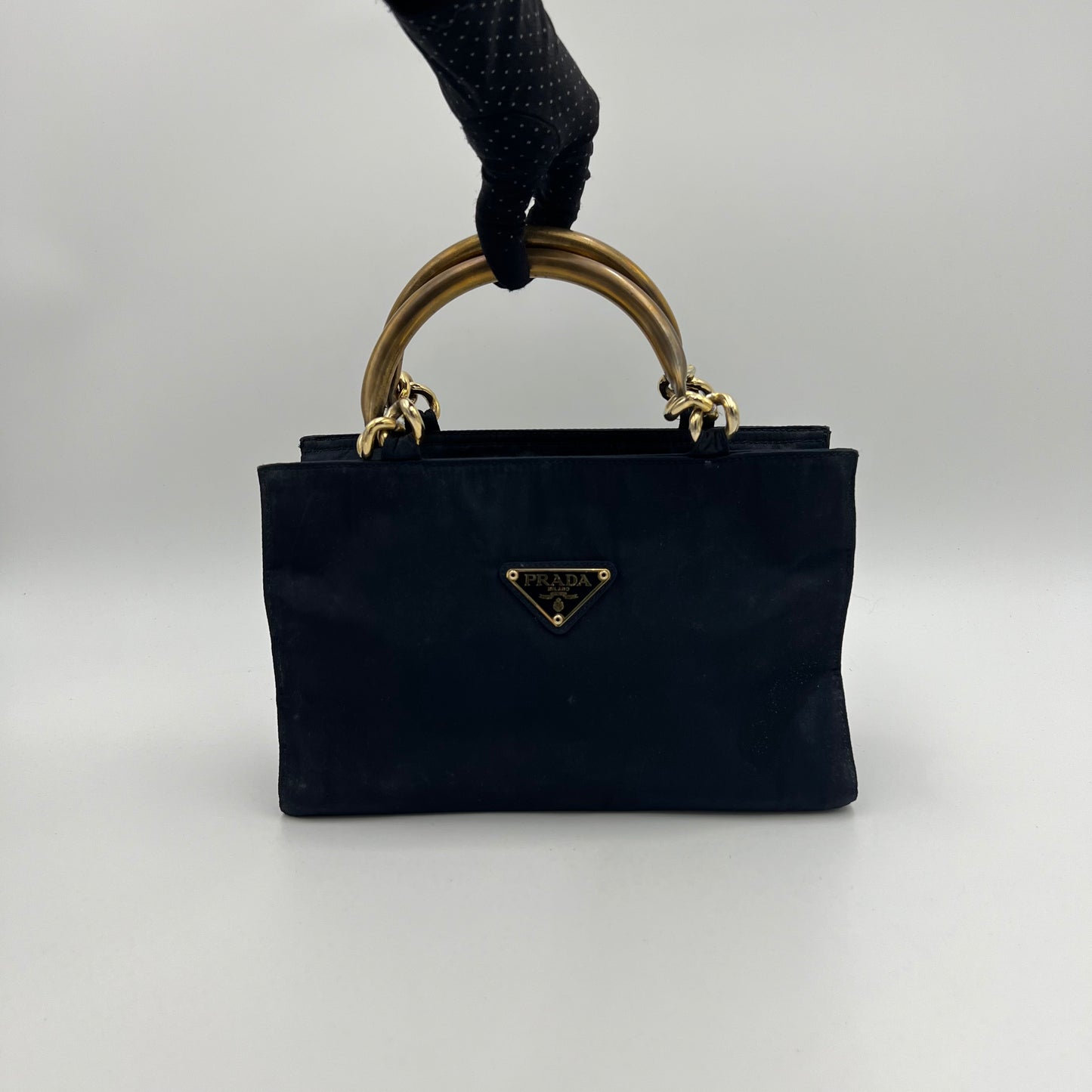 Prada Dark Blue Nylon Gold Handle Mini Handbag