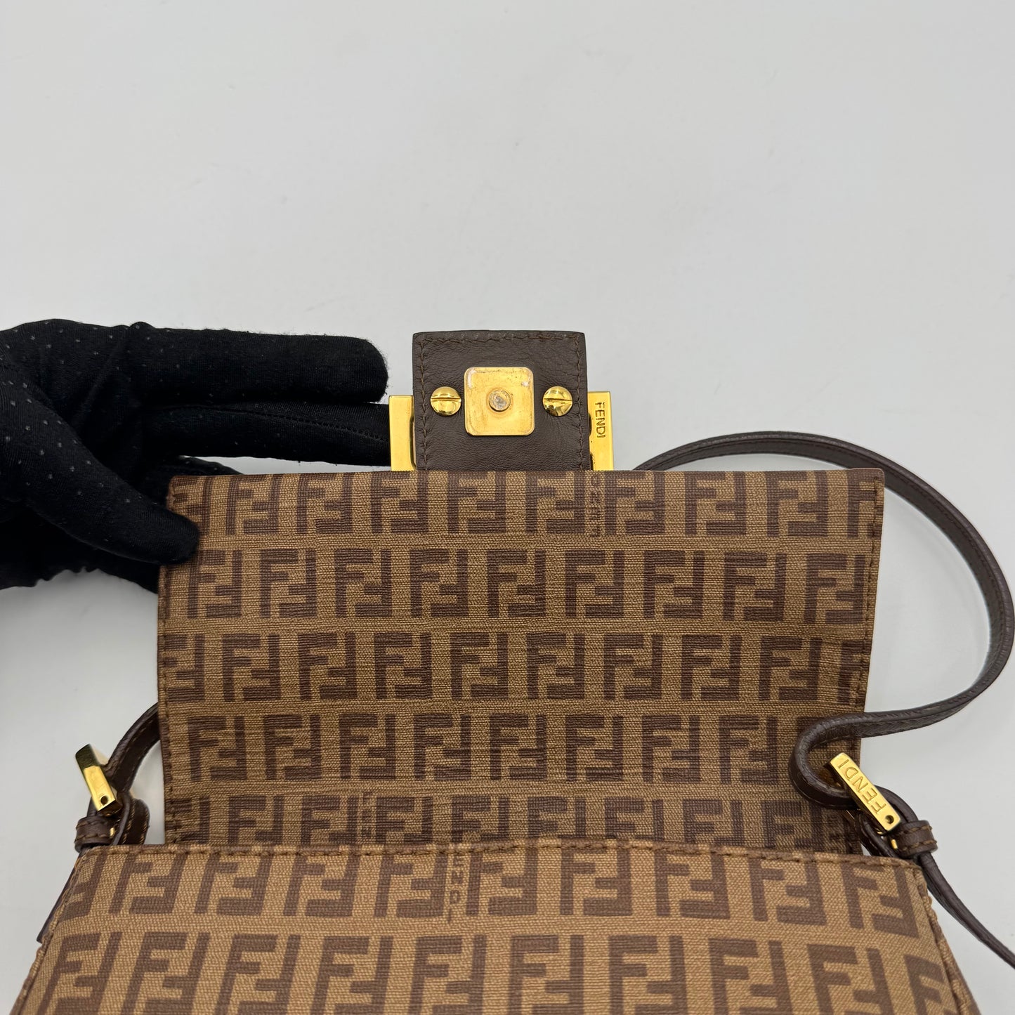 Fendi Brown Zucchino Coated Canvas Mini Mamma Baguette GHW