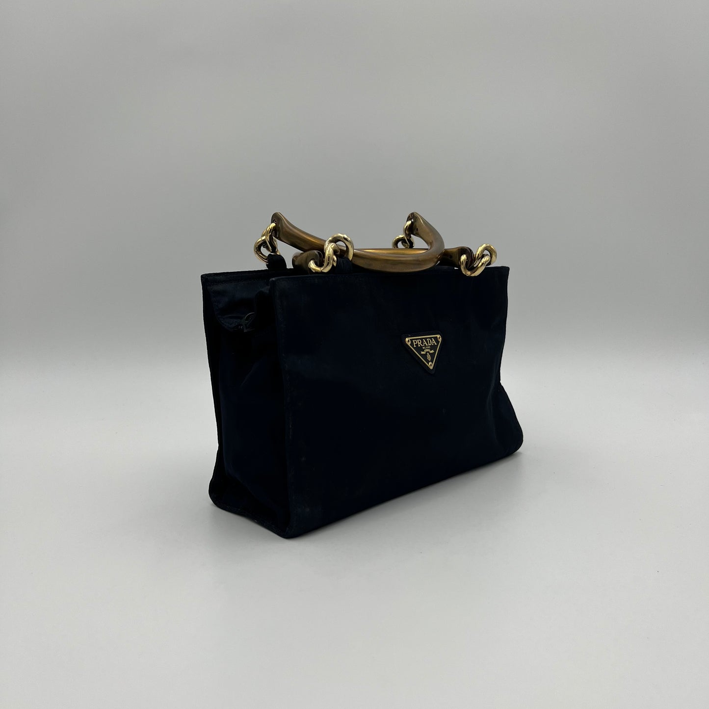 Prada Dark Blue Nylon Gold Handle Mini Handbag