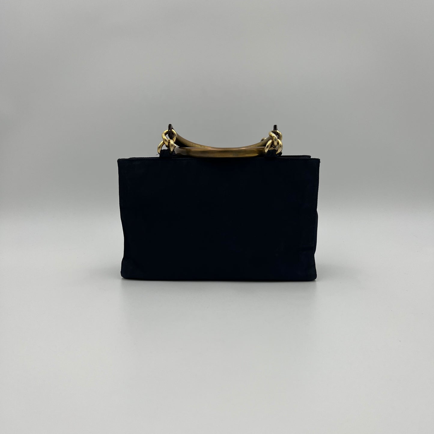 Prada Dark Blue Nylon Gold Handle Mini Handbag