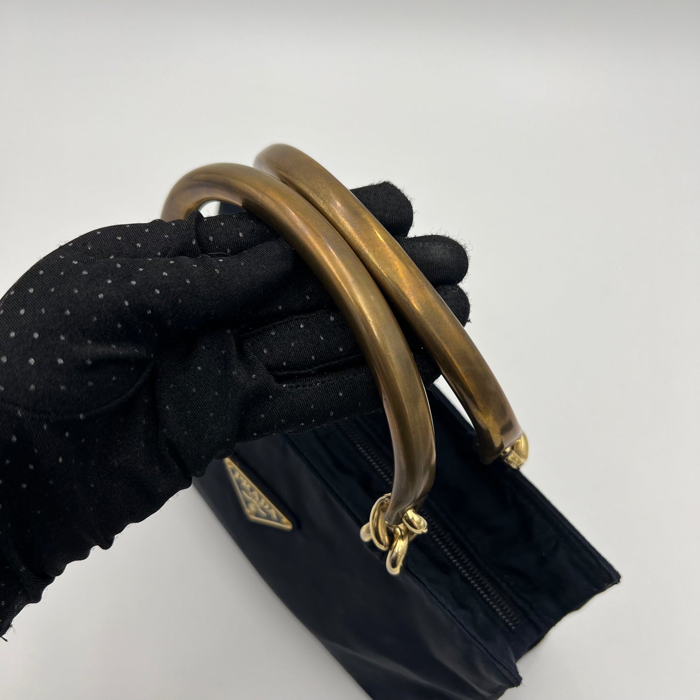 Prada Dark Blue Nylon Gold Handle Mini Handbag