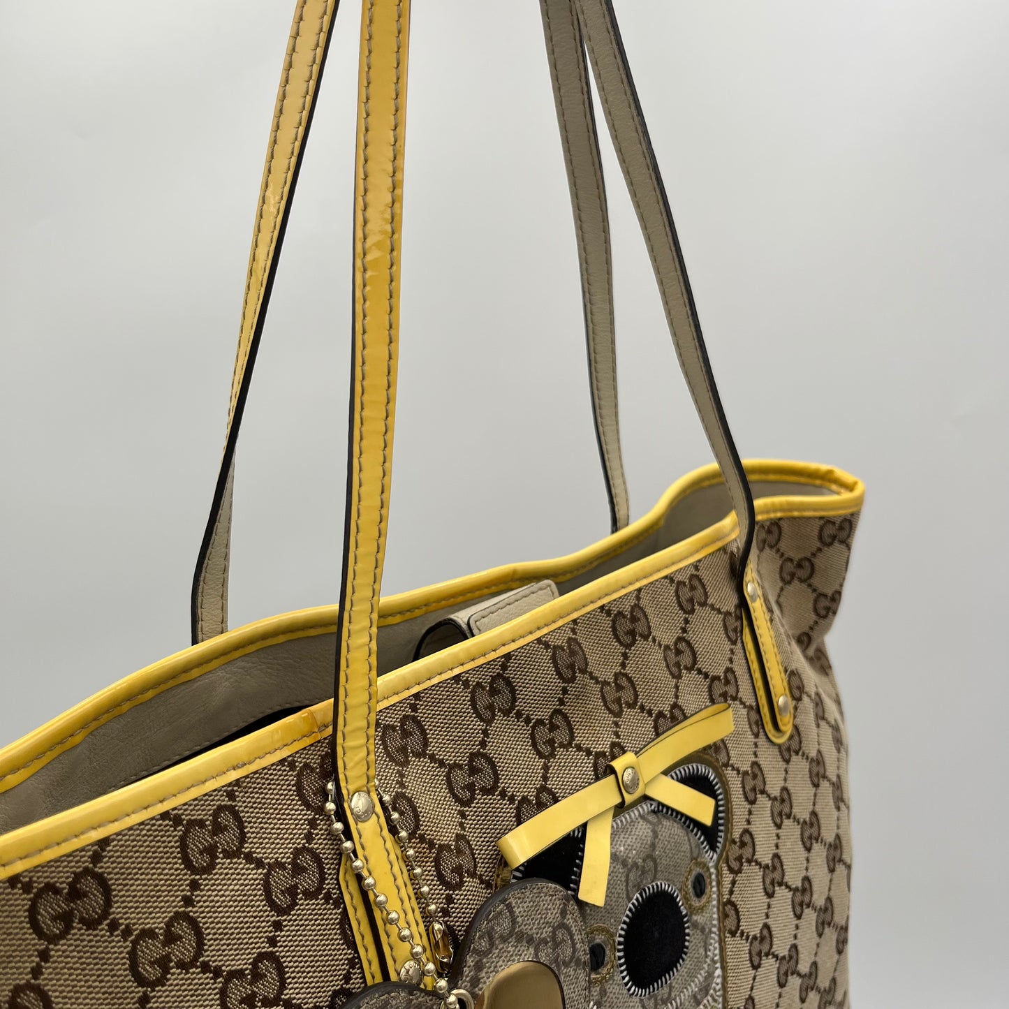 Gucci Beige GG Canvas and Yellow Patent Leather Guccioli Oliver Tote