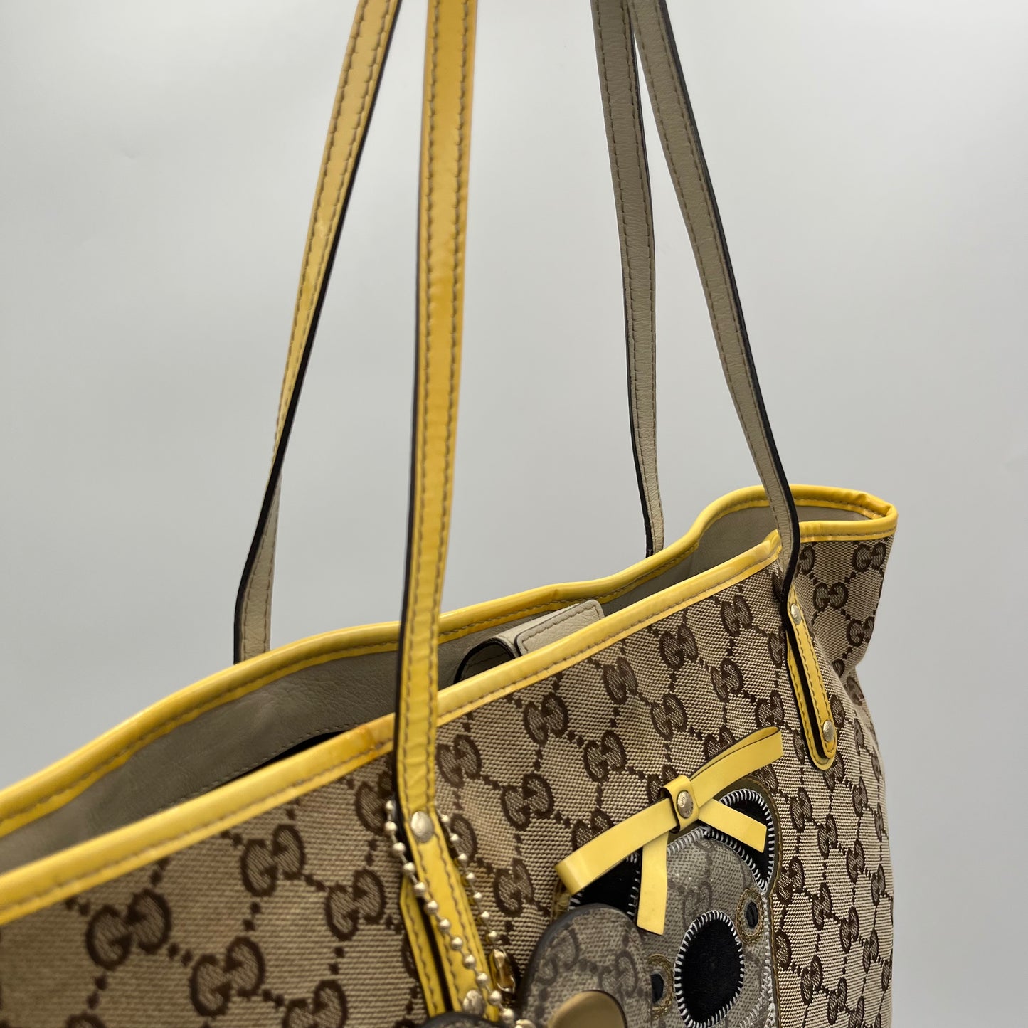 Gucci Beige GG Canvas and Yellow Patent Leather Guccioli Oliver Tote