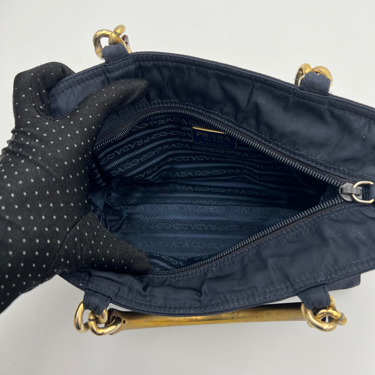 Prada Dark Blue Nylon Gold Handle Mini Handbag