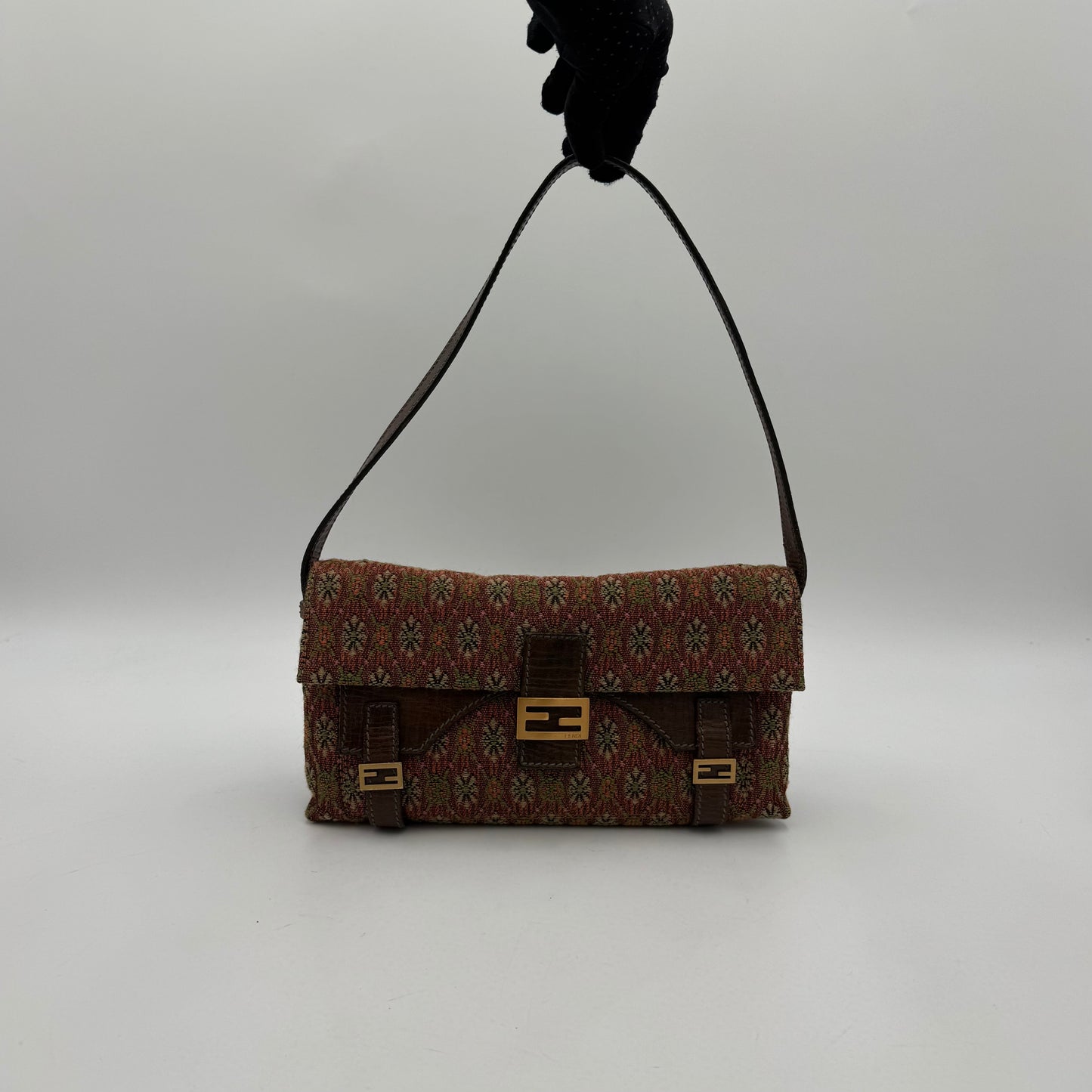 Fendi Multicolor Floral Pattern Tweed Triple FF Baguette