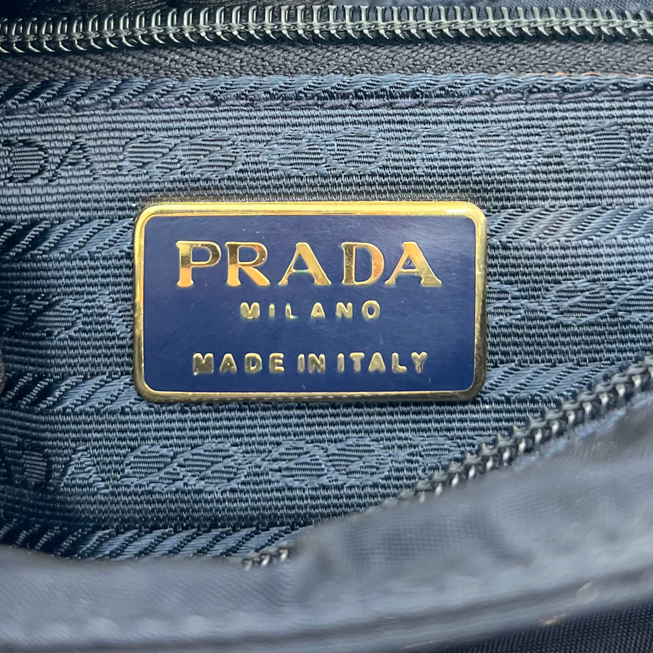 Prada Dark Blue Nylon Gold Handle Mini Handbag