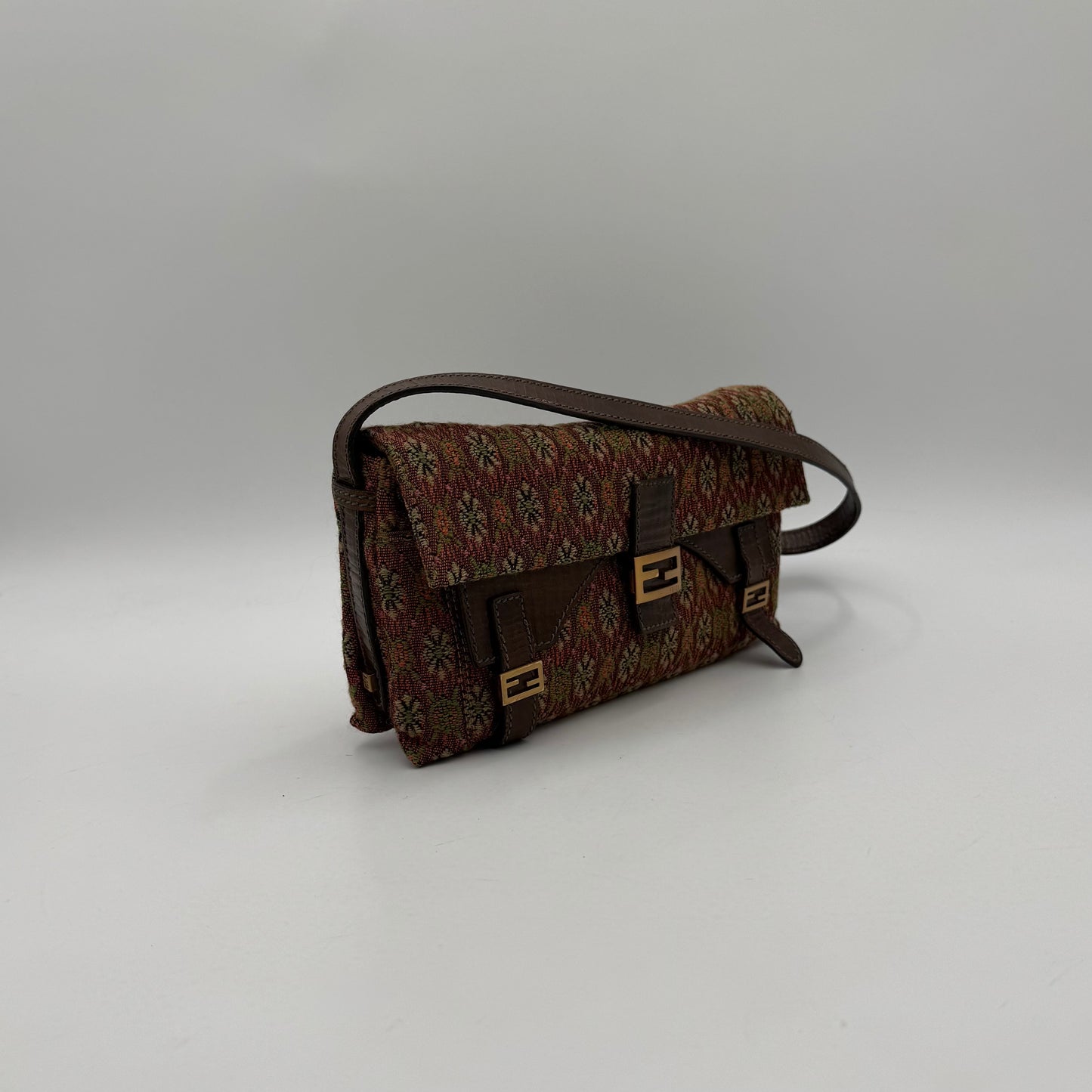 Fendi Multicolor Floral Pattern Tweed Triple FF Baguette