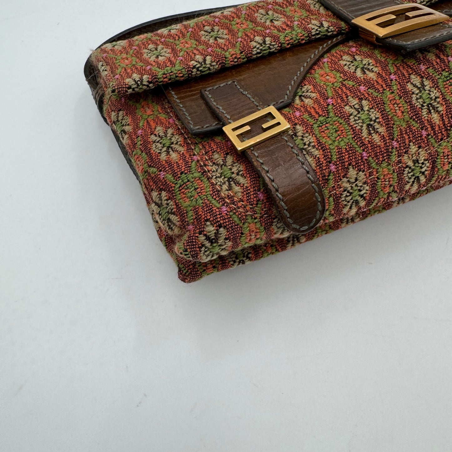 Fendi Multicolor Floral Pattern Tweed Triple FF Baguette
