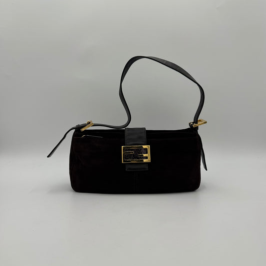 Fendi Brown Suede Gold-Tone and Glittery FF Buckle Baguette