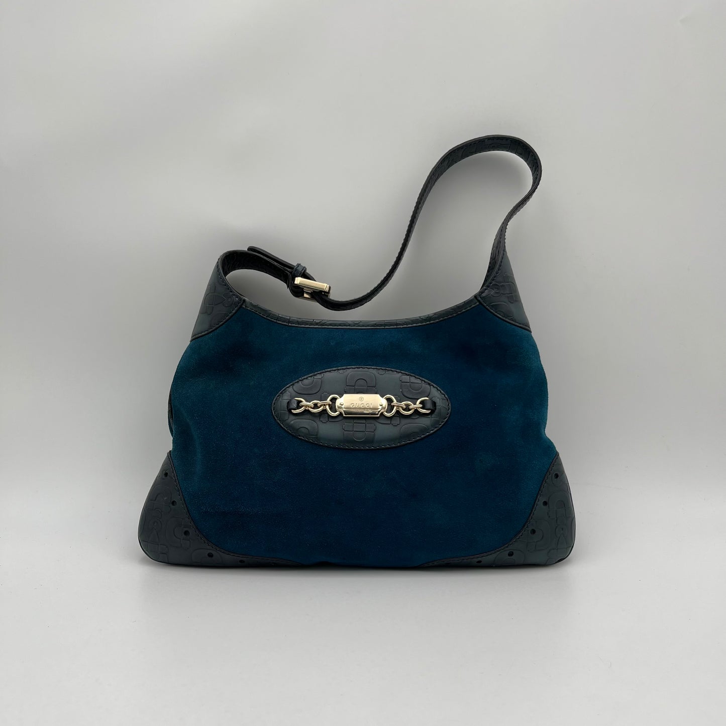 Gucci Dark Blue Suede and Embossed Leather Horsebit Hobo Bag