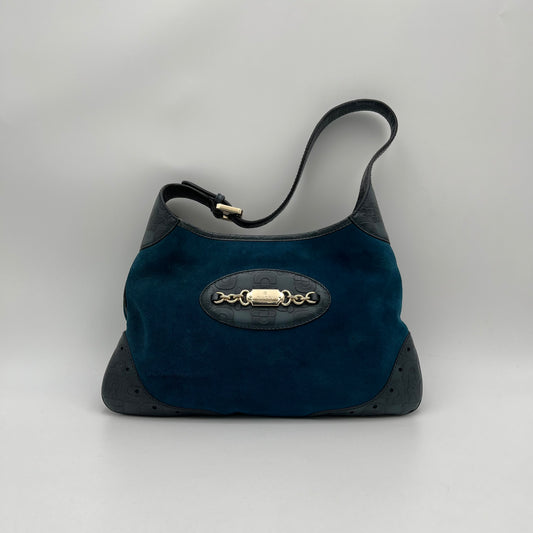 Gucci Dark Blue Suede and Embossed Leather Horsebit Hobo Bag