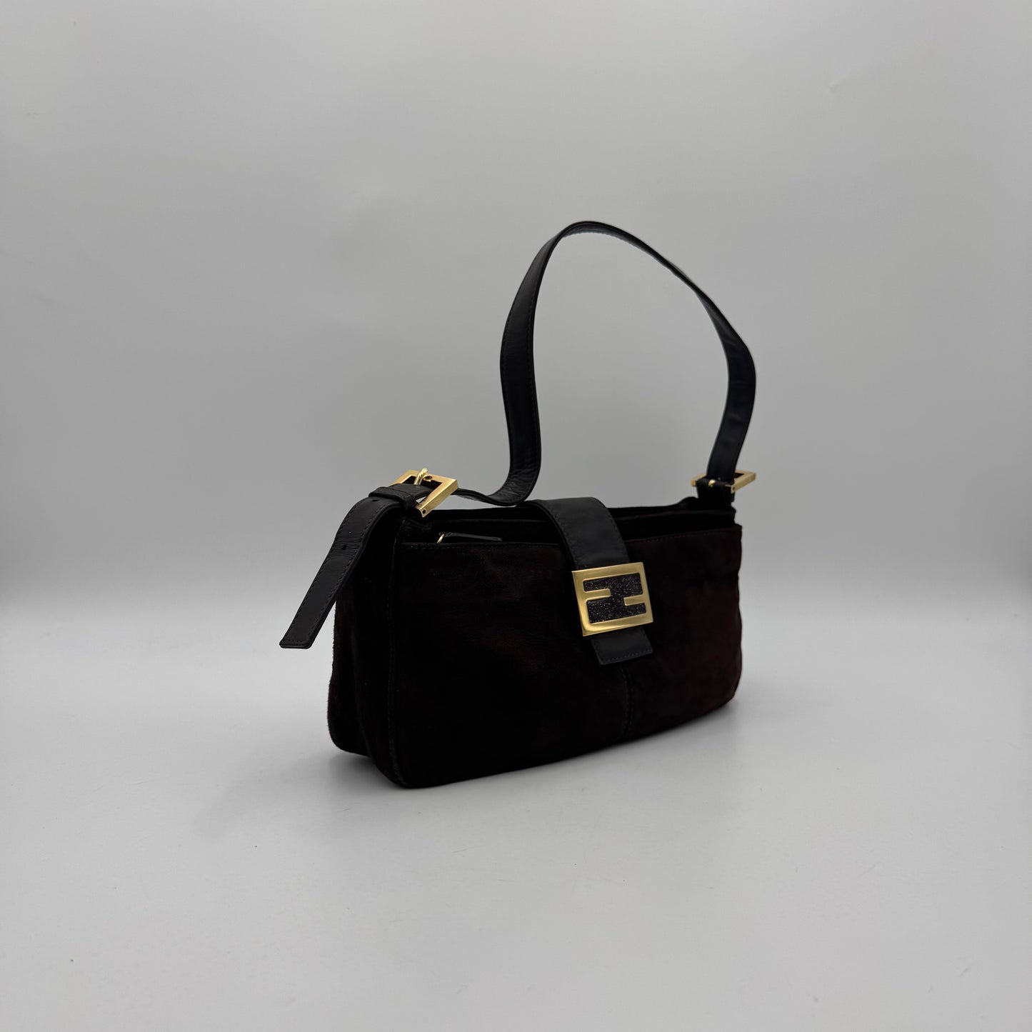Fendi Brown Suede Gold-Tone and Glittery FF Buckle Baguette