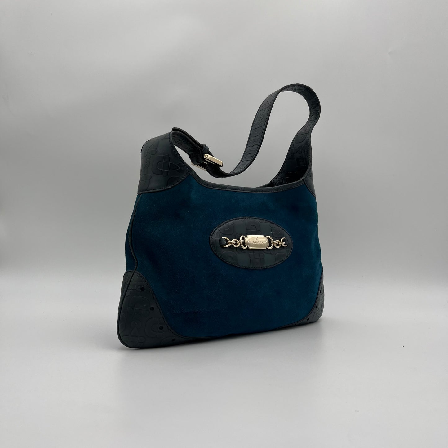 Gucci Dark Blue Suede and Embossed Leather Horsebit Hobo Bag