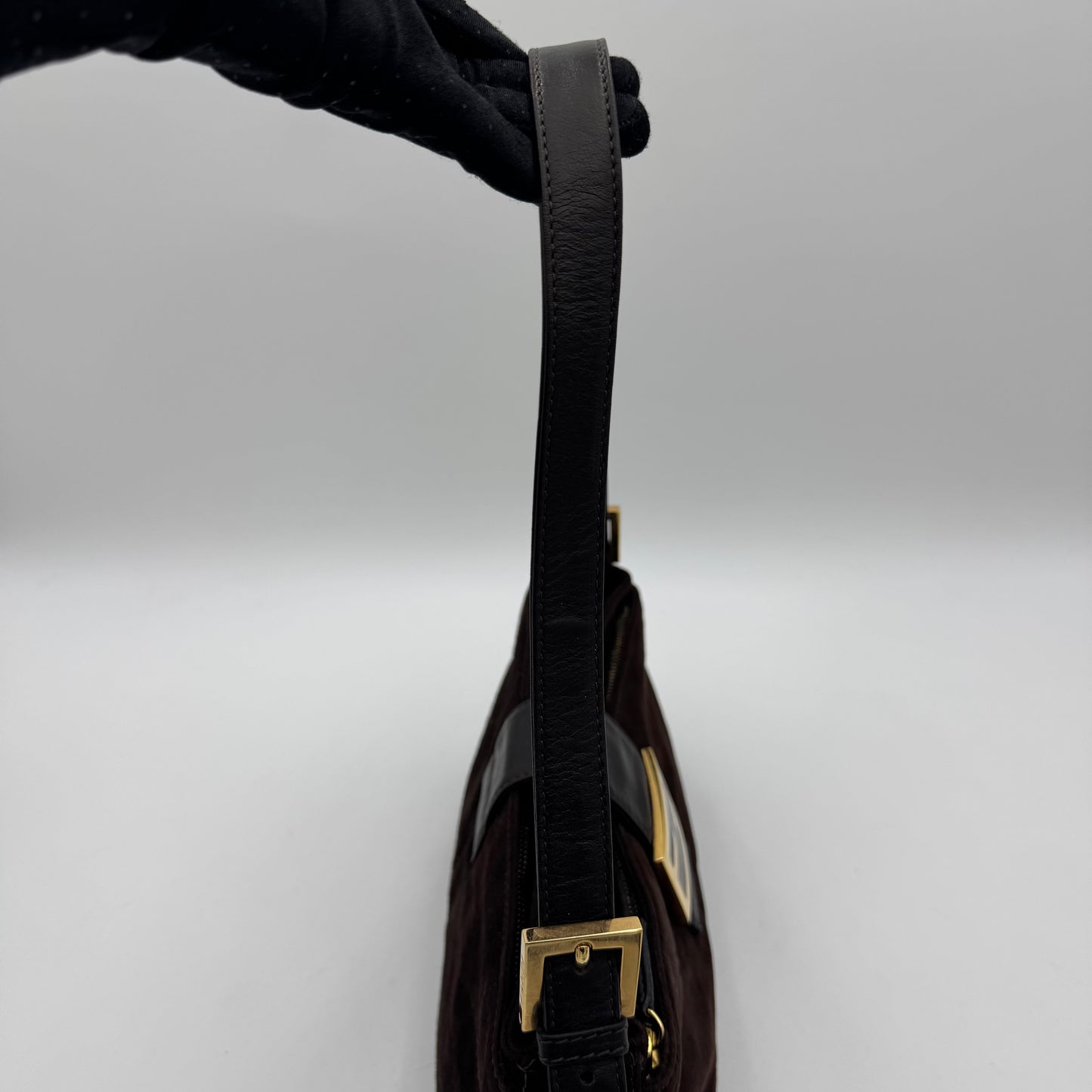 Fendi Brown Suede Gold-Tone and Glittery FF Buckle Baguette
