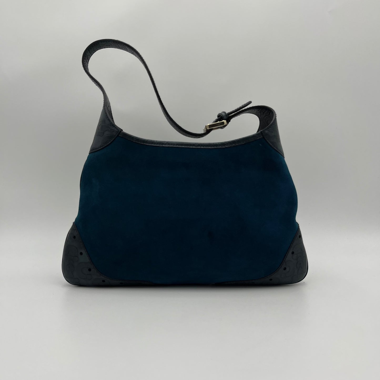 Gucci Dark Blue Suede and Embossed Leather Horsebit Hobo Bag