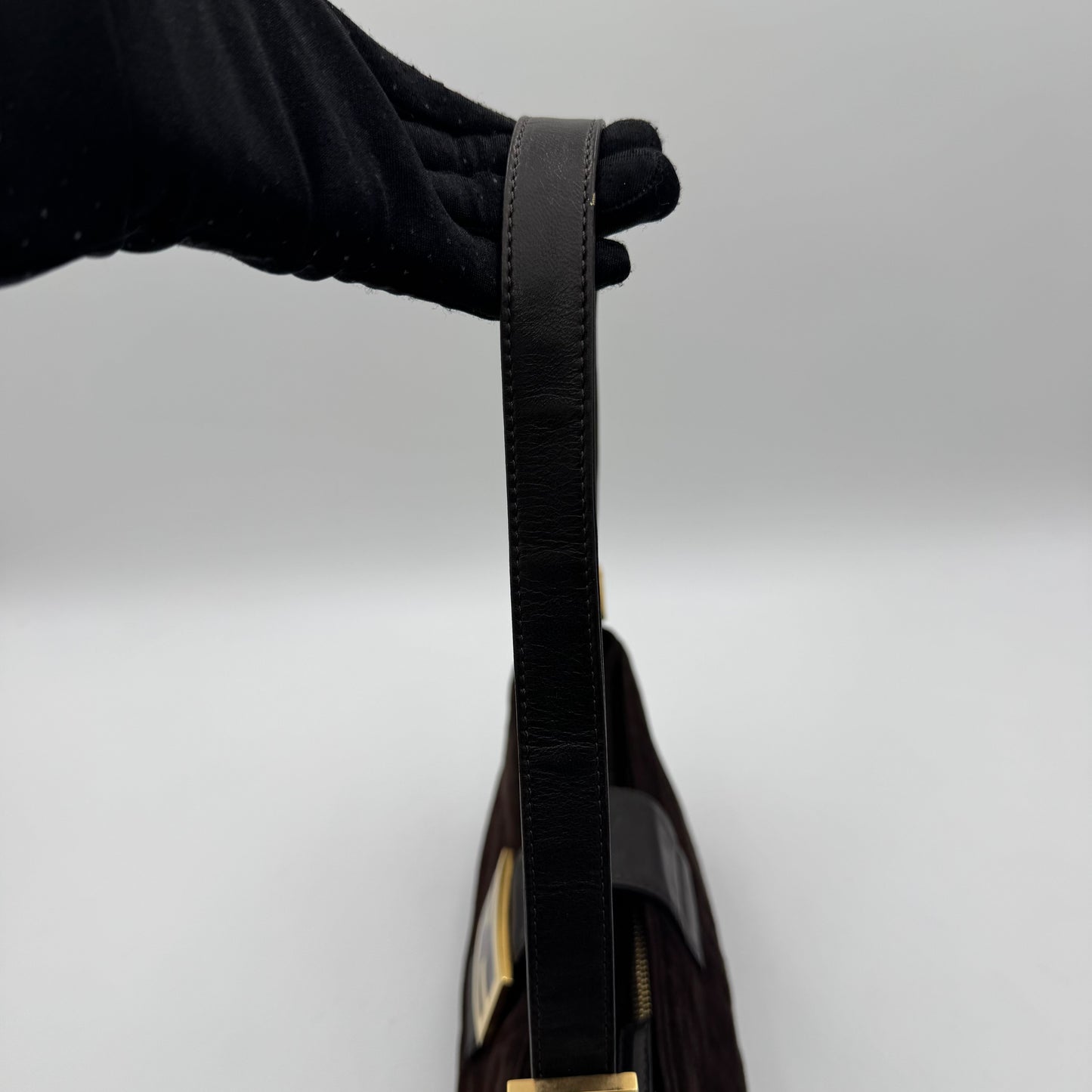 Fendi Brown Suede Gold-Tone and Glittery FF Buckle Baguette
